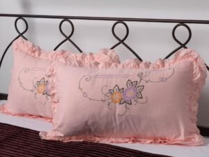 Βαμβακερή μαξιλαροθήκη με βολάν και κέντημα (40cm x 65cm) ρόζ ζευγάρι Silk Fashion | Maril Home