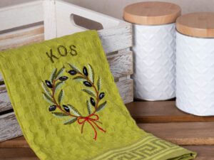 Σετ 12 τεμαχίων ποτηρόπανα γκοφρέ (50cm x 70cm) πράσινο στεφάνι KOS Silk Fashion | Maril Home