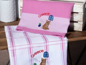 Σετ 2 τεμαχίων ποτηρόπανα (50cm x 70cm) ρόζ γάτα GREECE Silk Fashion | Maril Home